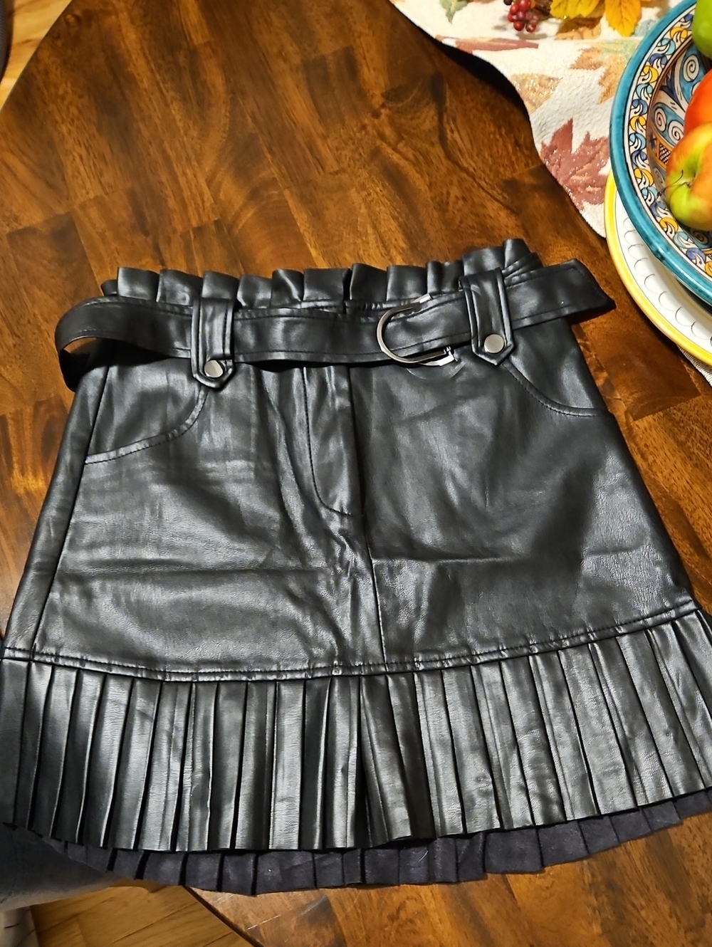 Zara Black Faux Leather Pleated-Hem Skirt with Belt
